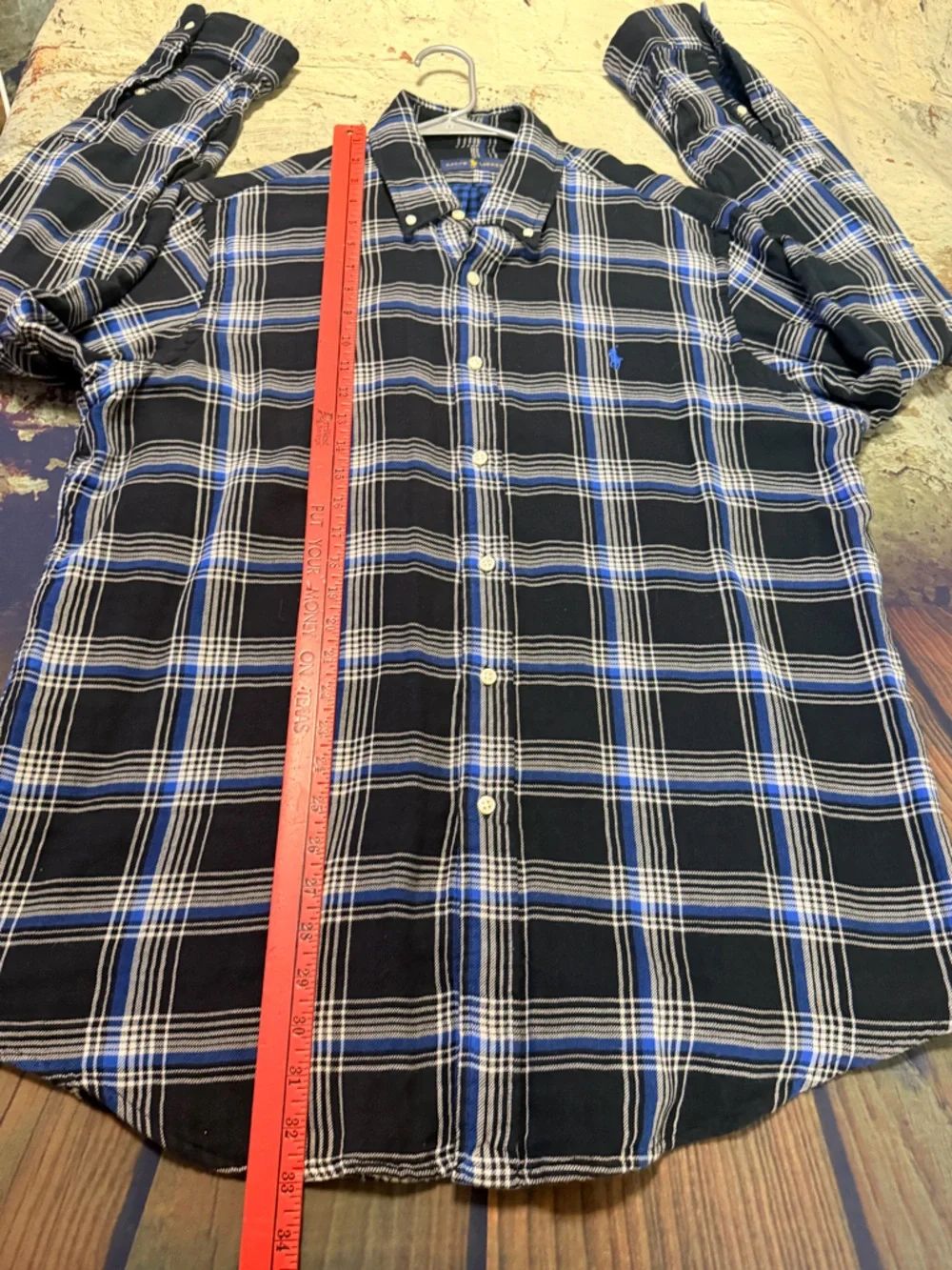 Polo by Ralph Lauren Men’s Double Faced Black Plaid Shirt with Blue & White